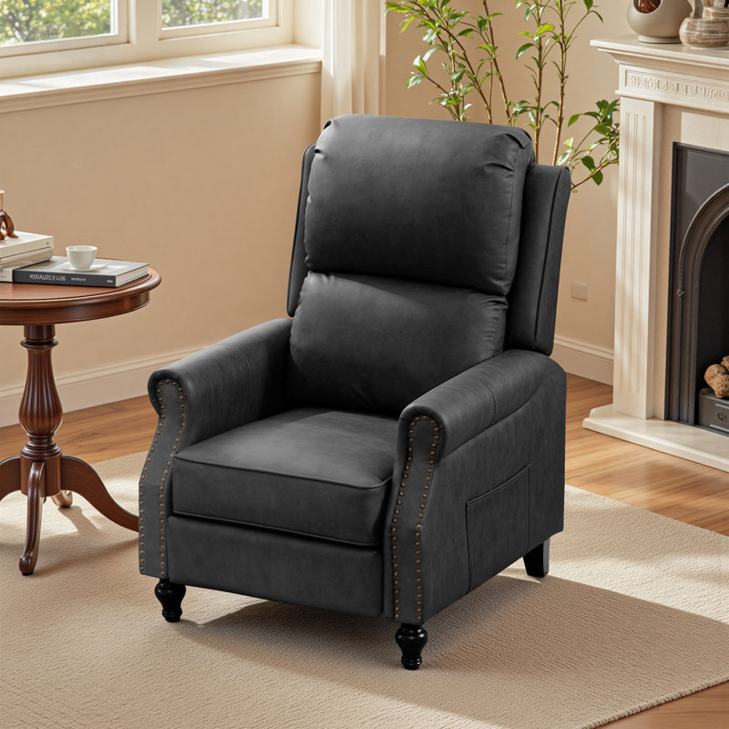 30.7" W Mid-Century Modern Faux Leather Recliner with Footrest, Dark Gray