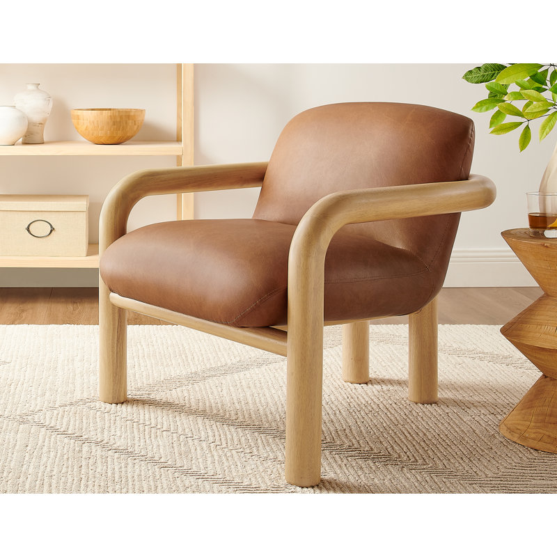 Olympia 30" Upholstered Wooden Leather Accent Arm Chair , Natural