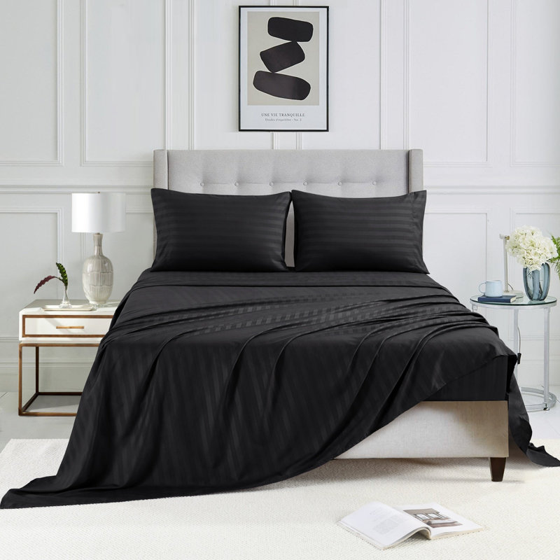 Ensemble de draps à rayures 3/4 pièces, Ensemble de draps pour lit double avec 2 taies d'o, Noir