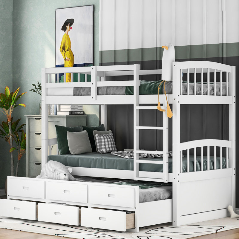 Twin Over Bunk Bed With Drawers & Trundle In White - Space Sleep Solution Bedroom Choice, White