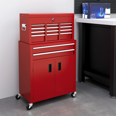 Boîte de rangement pour outils 2 en 1 avec 6 tiroirs, rouge