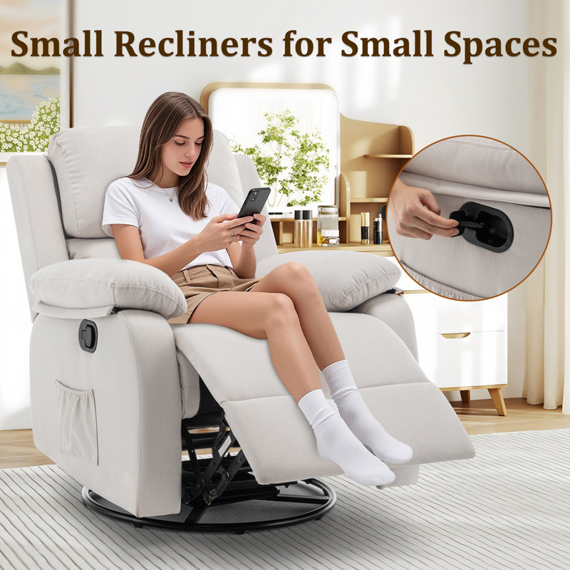 KORSER Recliner Chair, Manual Recliner, 360 Swivel Recliners For Small Spaces ,Rocker Recliner With Side Pockets, Beige