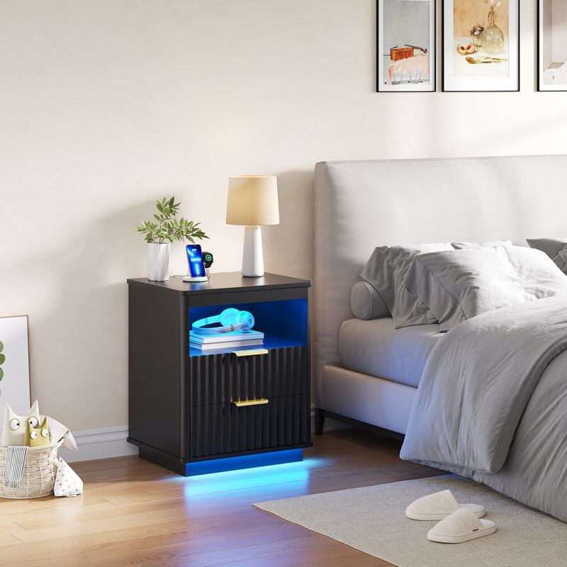 19.7'' W 2-Drawer Nightstand With Usb & Type-C Port And Human Sensor Light, Black