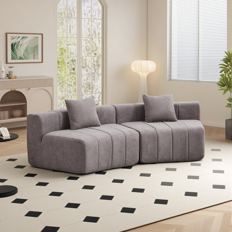 2 - Piece Chenille Curved Sectional Compression Sofa With 2 Pillows, 29" H x 88" W x 33" D, Gray Chenille