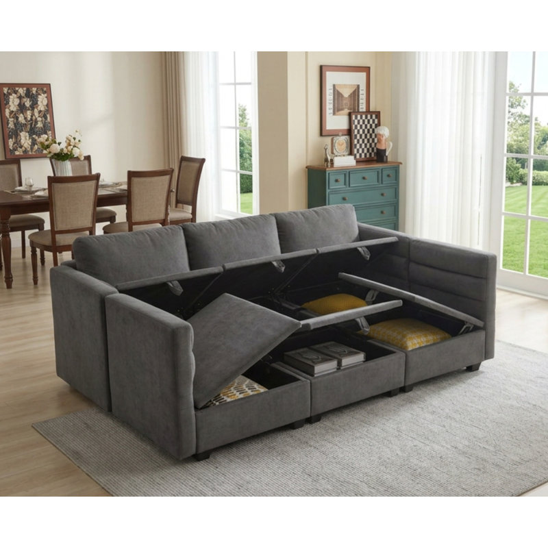 Ensemble de salon modulaire modulaire avec repose-pieds et rangement sous le siège, Dark Grey Polyester Blend