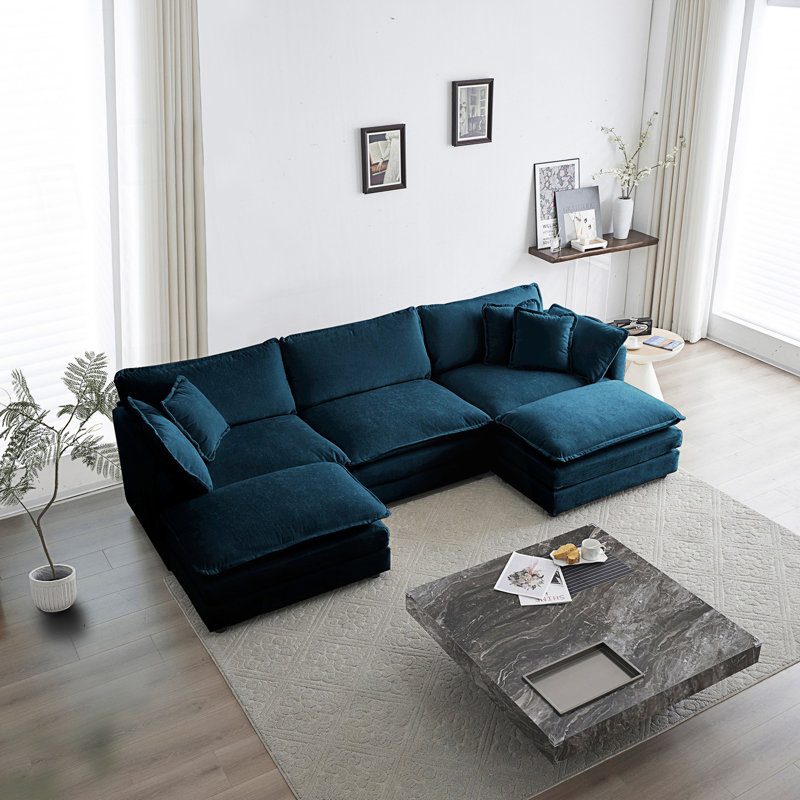 Canapé modulaire en U avec repose-pieds réversible, canapé d'angle convertible avec 2 repose-pieds, Bleu