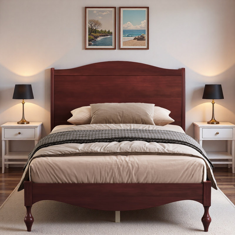 Lit plateforme avec tête de lit arquée Vintage, Double, Noyer foncé