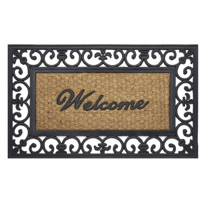 Tapis de porte en caoutchouc recyclé Aeries, envers antidérapant en caoutchouc, l 18 po x L 30 po, rectangle, volutes de bienvenue