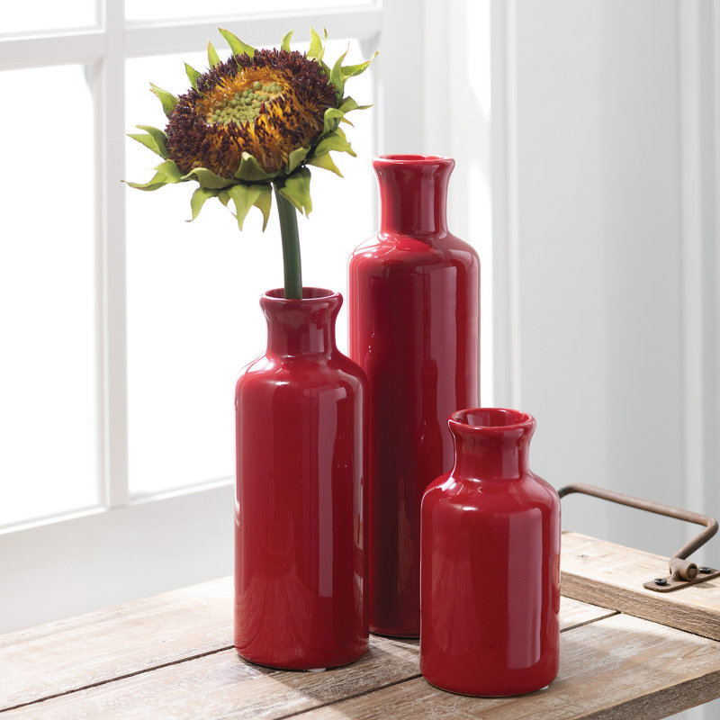Red Ceramic Bottle Vase Set in Three Sizes