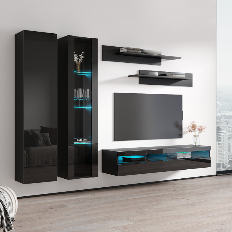 100" Modern Floating Wall Mounted Entertainment Center with 16-Color LED Lighting, High Gloss Finish, Black