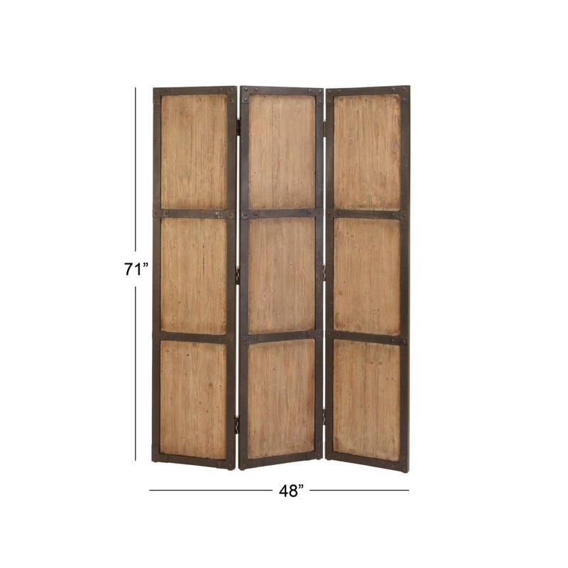 Brown Fir Wood and Metal 3-Panel Folding Privacy Screen