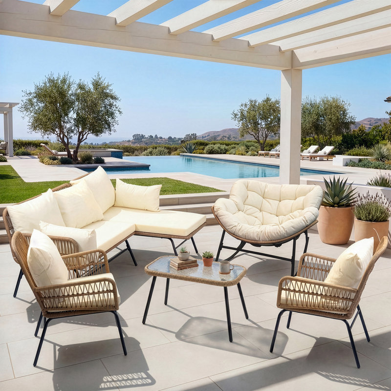 6 Person Outdoor Boho Patio Conversation Set with Rocking Papasan Chair and Ice Bucket Table, Rocking Chair + Sofa