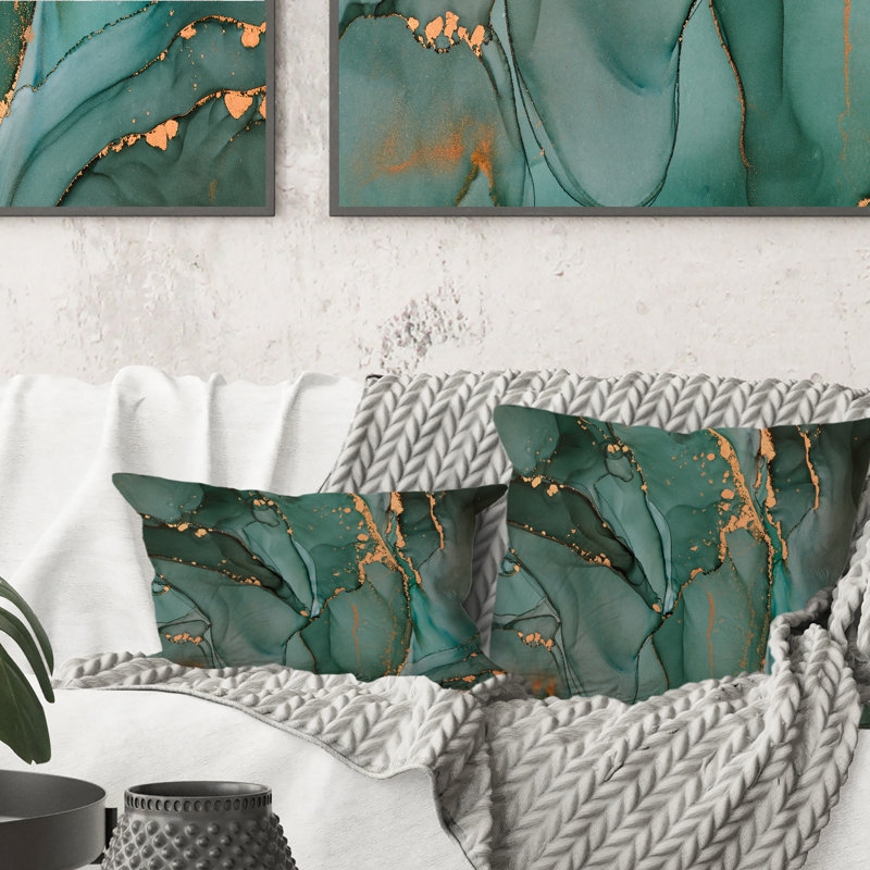 Turquoise et gris luxueux abstrait Art fluide IV - Coussin décoratif imprimé moderne, 18 po x 18 po
