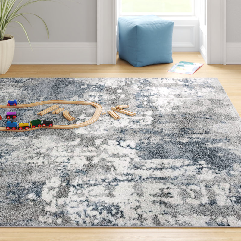 Tapis gris / bleu / blanc Hassen, Rectangle 6 pi 7 po x 9 pi