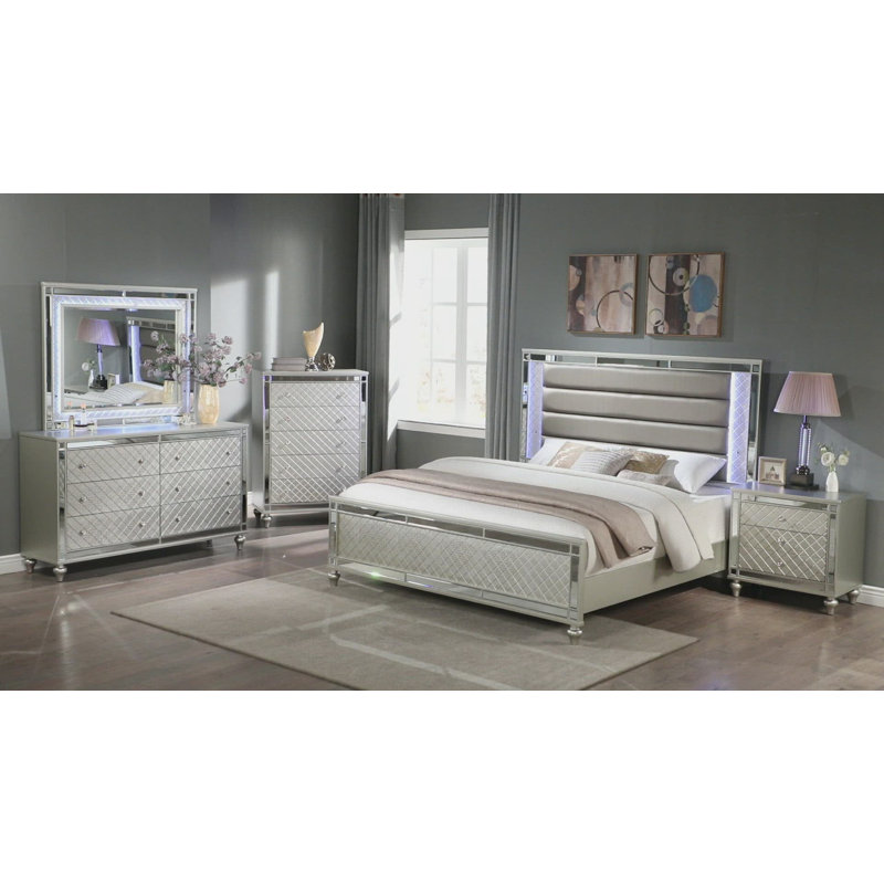 Eranda Champagne LED Upholstered Panel Bedroom Set Special 3 Piece: Bed, 2 Nightstands, King