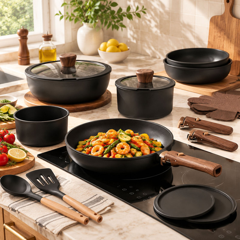 21-Piece Nonstick Cookware Set with Detachable Handles, Black, Induction Compatible