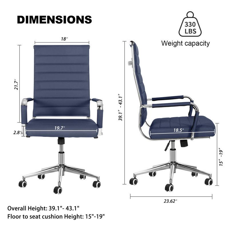 Amaiia Mid-Back Ribbed Leather Upholstered Adjustable Swivel Rolling Ergonomic Office Desk Chair, Blue