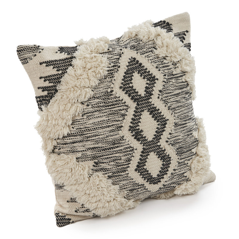 Coastal Striped Bordered Hand-Made Cotton Blend Decorative Throw Pillow, 20"H x 20"W, Black/Gray/Ivory Geometric
