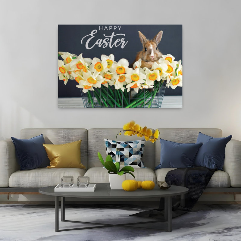 Happy Easter Bunny And Flowers Contemporary Daffodil Rabbit Spring Flower Wall Art Print, 101.6cm H x 152.4cm W