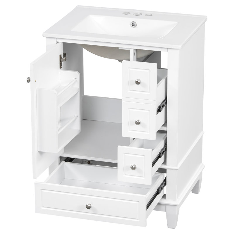 Meuble-lavabo autoportant de 24 po avec lavabo, tiroirs et tablettes en céramique Hutton, Blanc
