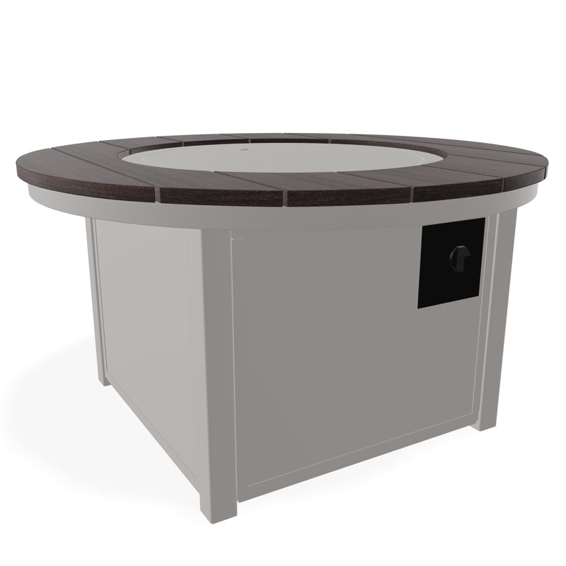 Table de feu ronde en polymère rustique avec tablette au propane, Gris chaud / lagon