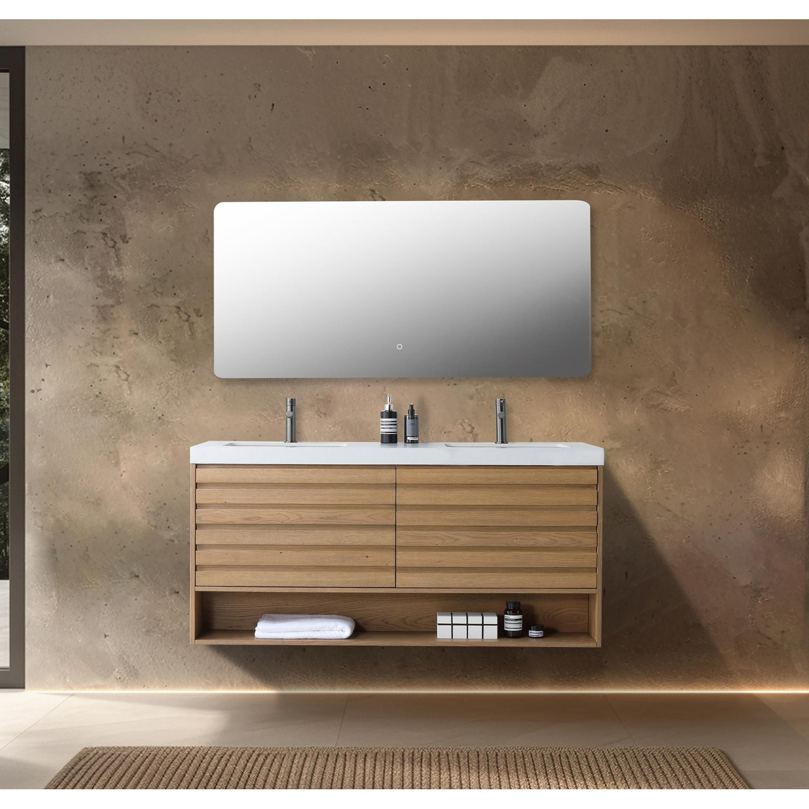 Maumelle 60'' Natural Oak Veneer Plywood Bathroom Vanity with Engineered Stone Top, White, Pecan Oak