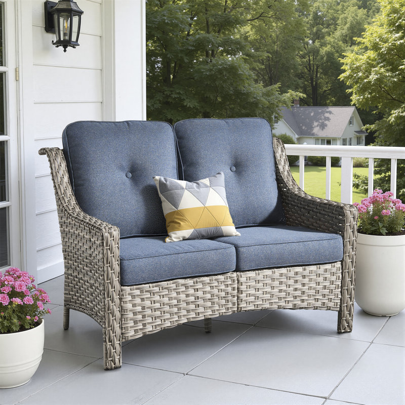 50.8" W 2-Seat Outdoor Patio Loveseat With 3.54" Thick Cushions, Pe Wicker Rattan Sofa With Steel Frame, High Back Tufted Cushion