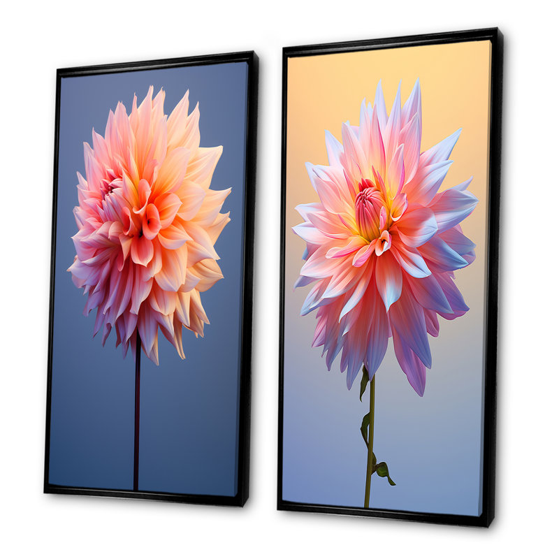 Coral et bleu Dahlia Dance - ensemble de 2 impressions sur toile Dahlia, Cadre noir, H 28 po x l 25 po