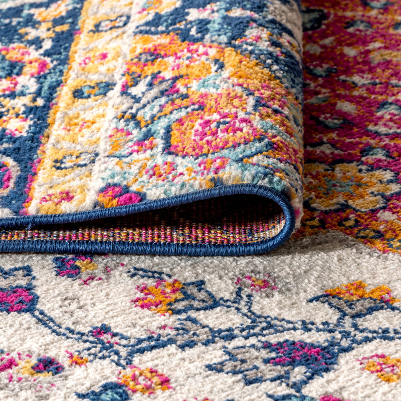 Lathan Power Loom Blue/Yellow/Cream Rug, Rectangle 2' x 3'