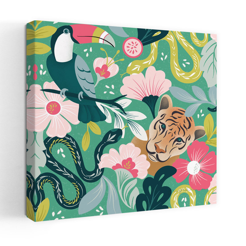 Lush Life, motif abstrait, oiseau, chat, serpent, fleur tropicale, art, H 18 po x l 18 po