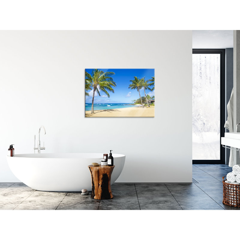Beautiful Beach With Palm Trees - No Frame Print on Glass, 70cm H x 100cm W