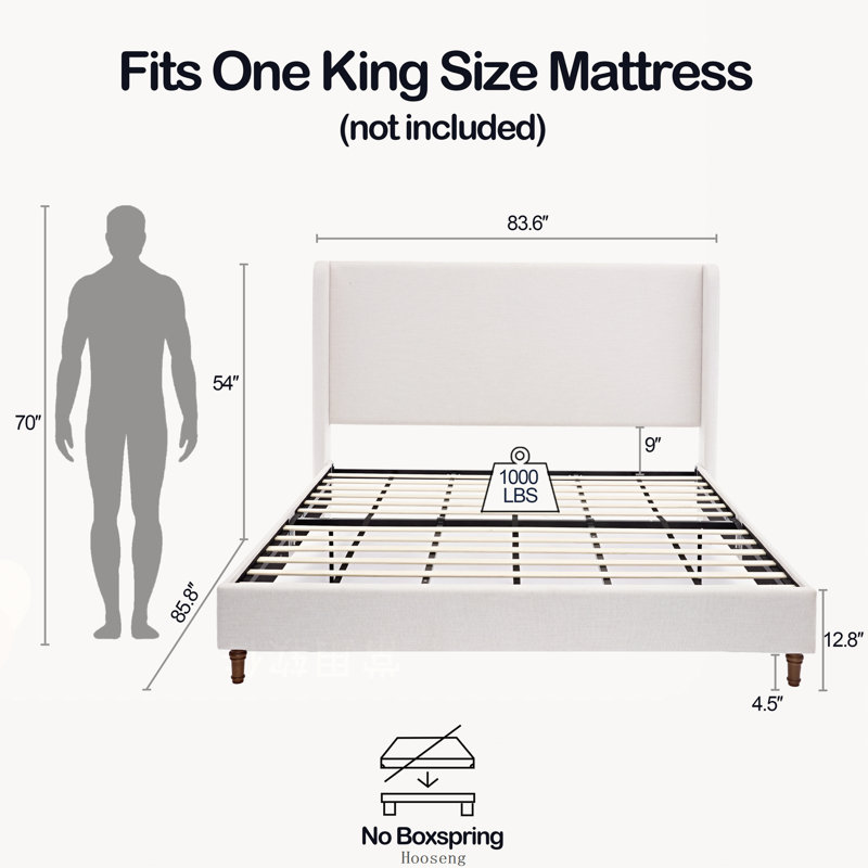 Lit plateforme capitonné avec tête de lit haute King Size, toile texturée ivoire de 137 cm de haut, cadre de lit capitonné moderne