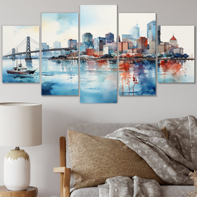 «Golden Gate San Francisco Cityview Watercolor I», impression d'art mural San Francisco - 5 panneaux
