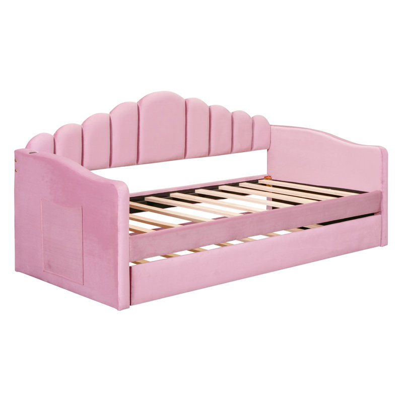 Twin Velvet Upholstered Daybed with Trundle, USB Ports and Pockets, Pink
