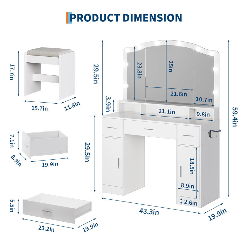 Vanity Desk with Mirror and Lights, Vanity with 10 LED Lights, Features 3 Drawers, 2 Cabinets