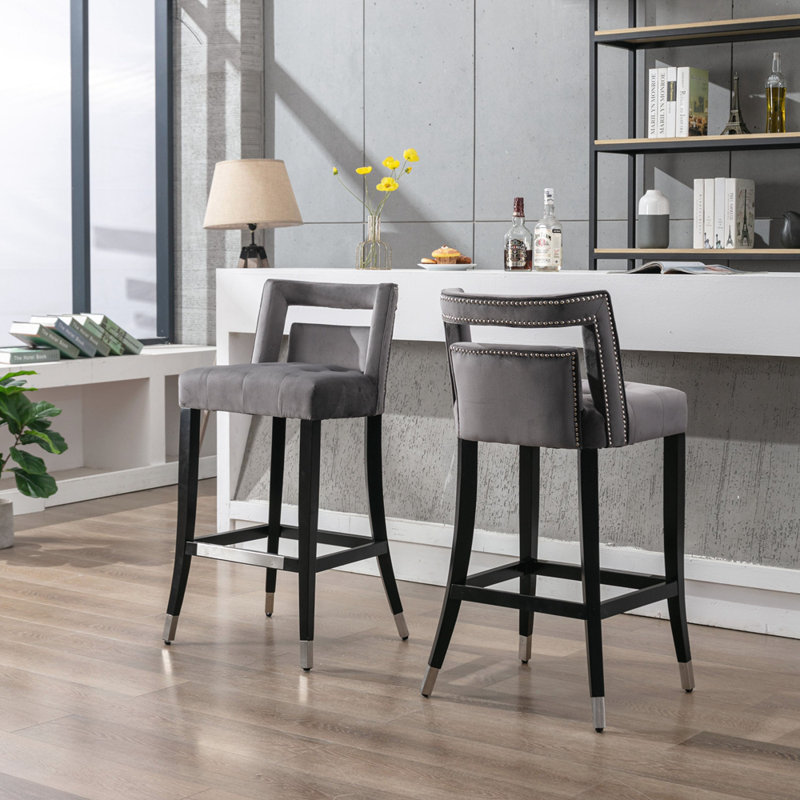 Abbie-Mai Upholstered Counter Stool with Solid Wood Frame, Gray, Bar Stool (30.71” Seat Height)