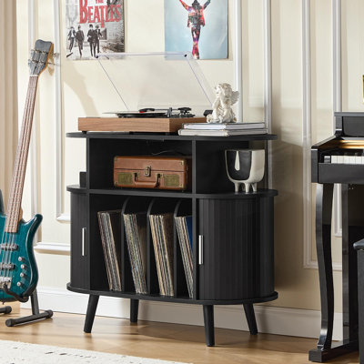 35.5-Inch Large Round Record Player Stand with Charging Station, Fluted Vinyl Storage & Arched Doors