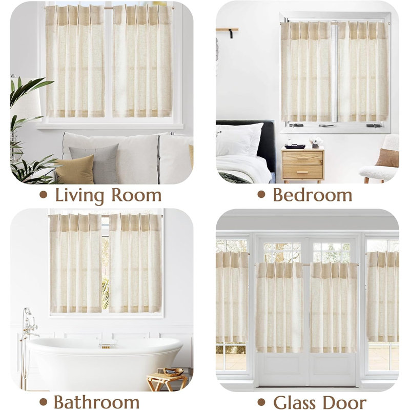 Linen Pinch Pleated Kitchen Curtains Tier Curtains Light Filtering Small Window Drapes for Kitchen, 26" W x 20" L, Off White