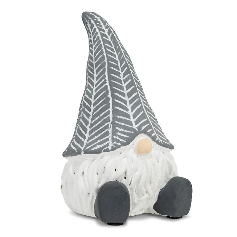 Statue de jardin gnome assis avec chapeau gris et blanc, H 5 po x l 3 po x P 3 po