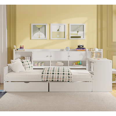 Wooden L-Shape Daybed with 7 Storage Cabinets & 2 Drawers, Built-in Desk & Bookshelf, White