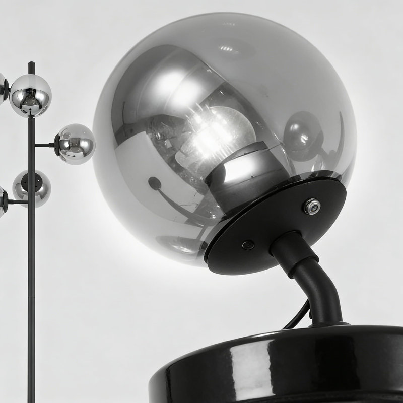 Modern Floor Lamp With Smoked Glass Globes, Multi-Head Design For Living Room, Bedroom, Or Office, Adjustable Height And Dimmable