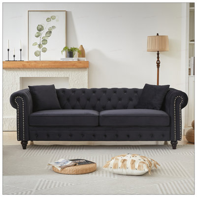 Living Room Velvet Chesterfield 3 Seater Sofa with Rolled Arms, Button Design