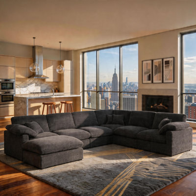 Oversized L-Shaped Corner Sectional Sofa, Chenille Cloud Modular Sofa, Upholstered Sectional With Ottomans Living Room Sets