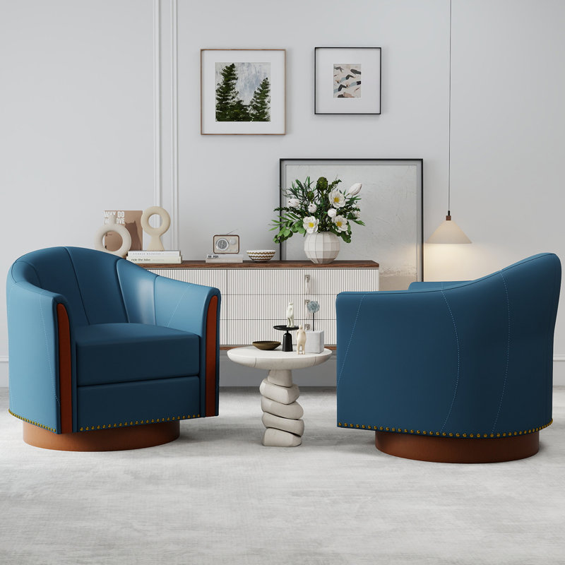 Modern Leather Swivel Barrel Chair with Solid Wood Base（Set of 2), Blue