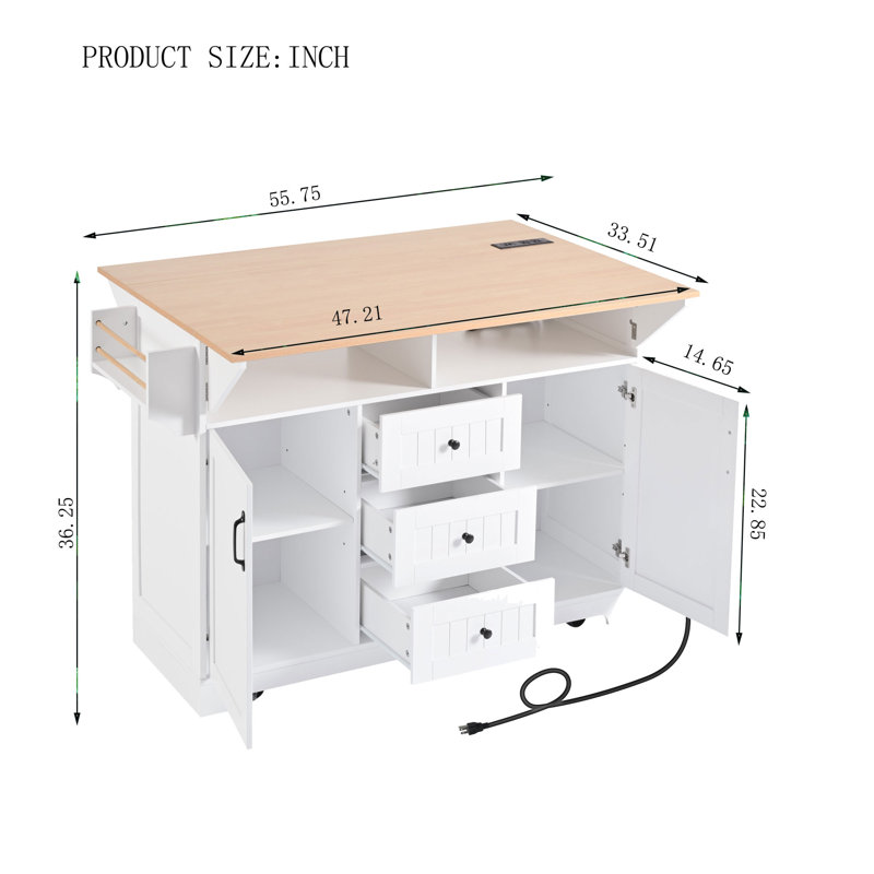 Mediun Kitchen Island With Drop Leaf And 3 Drawers, White