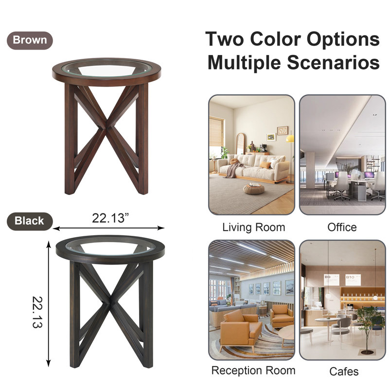 3 - Piece Wooden Glass Round Top Living Room Table Set, Solid Wood Frame Oval Living Room Table Set Tempered Glass Top Side Table