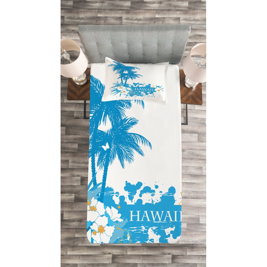 Gestepptes Bettdecken-Set, Hawaii-Insel Aqua, Tropisch, Aqua Weiß