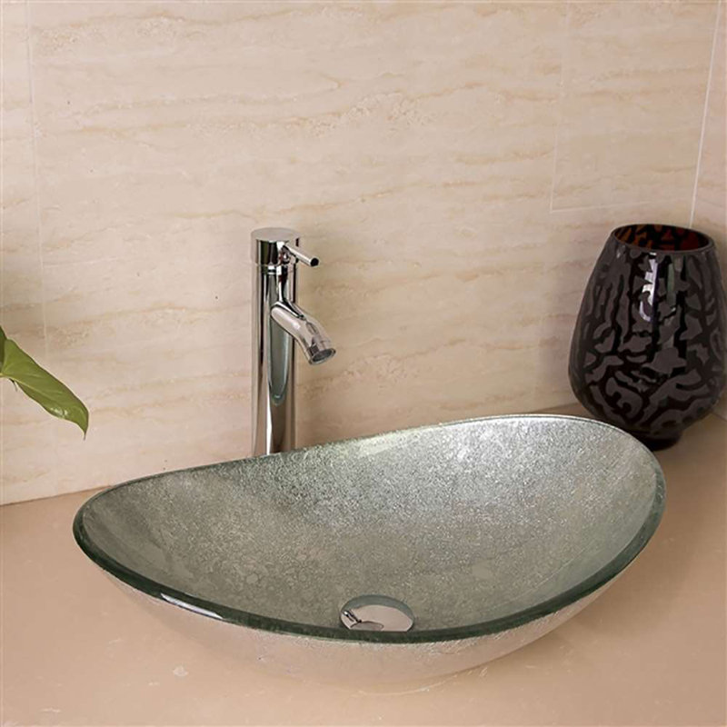 Aegina Oval Bathroom Glass Sink Set by BathSelect – Tempered Glass Basin with Chrome Faucet and Drain
