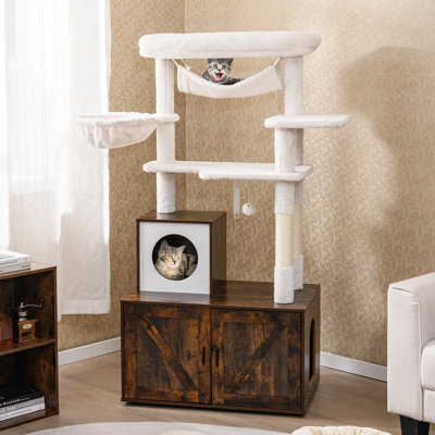Arbre à chat 59 po avec bac à litière et poteaux à griffer cachés pour salle de bain