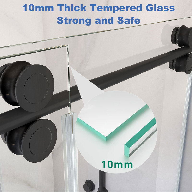 72 in. Black Frameless Sliding Shower Door with Clear Tempered Glass